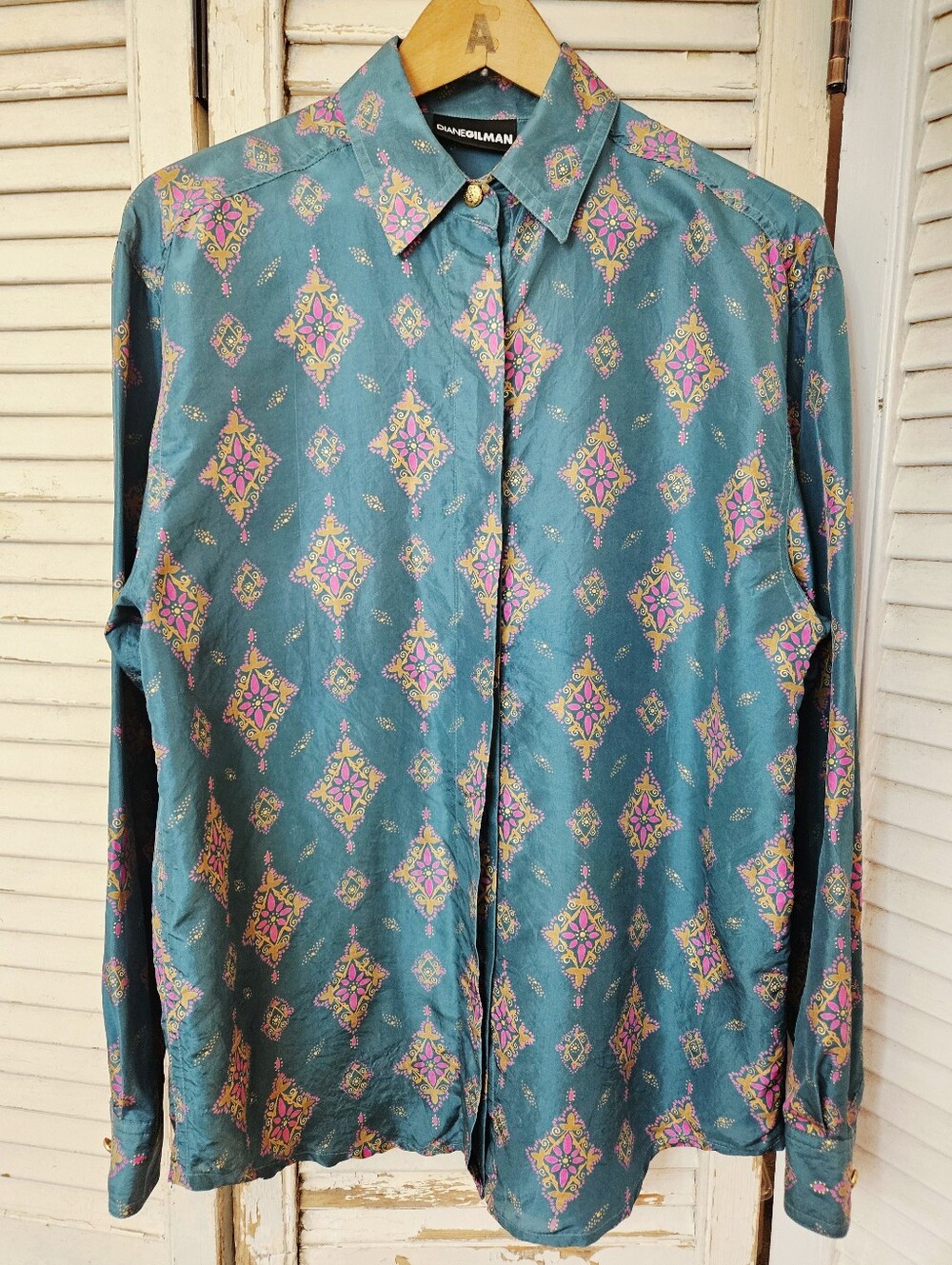 Vintage 90s Diane Gilman Premium 100% Silk Teal Patterned Blouse Small